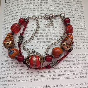 Orange Red Multi Chain Beaded Necklace